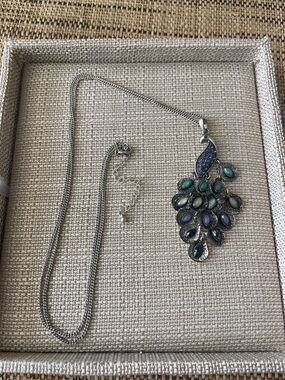 Silver Peacock Pendant Necklace with Blue and Green Accents